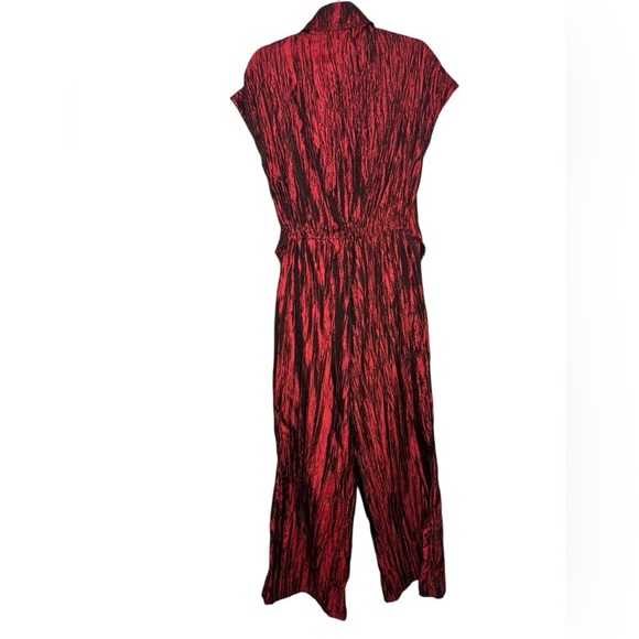 Izayla Wide Leg Short Sleeve Red Black Button Front Crinkle Tie Front Jumpsuit S - Picture 8 of 16